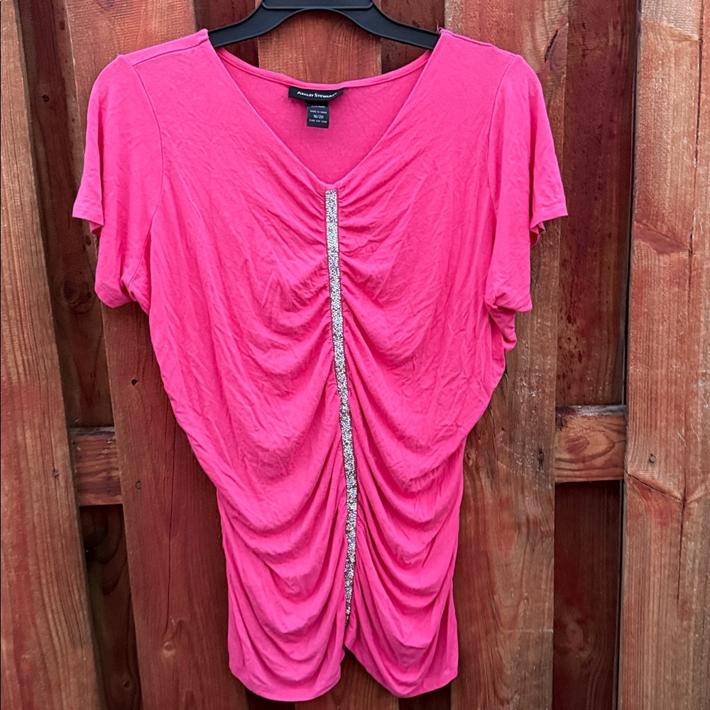 Ashley Stewart Hot Pink Rhinestone Ruched V-Neck Top Short Sleeve 18/20